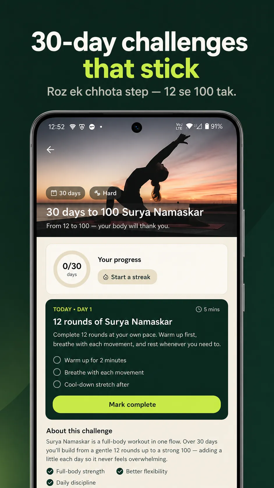 30-day challenges that stick. A Surya Namaskar challenge with day-by-day steps and progress.